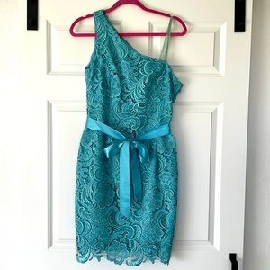 Adrianna Papell turquoise one-shoulder dress